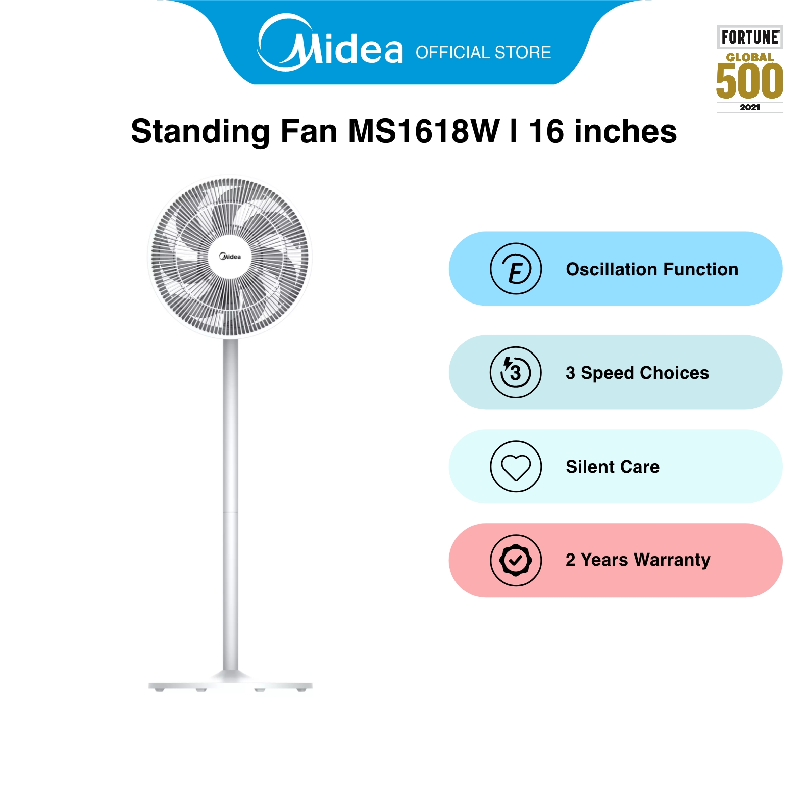 Midea MS1618W Grey Oscillation Stand Fan, 16 Inches