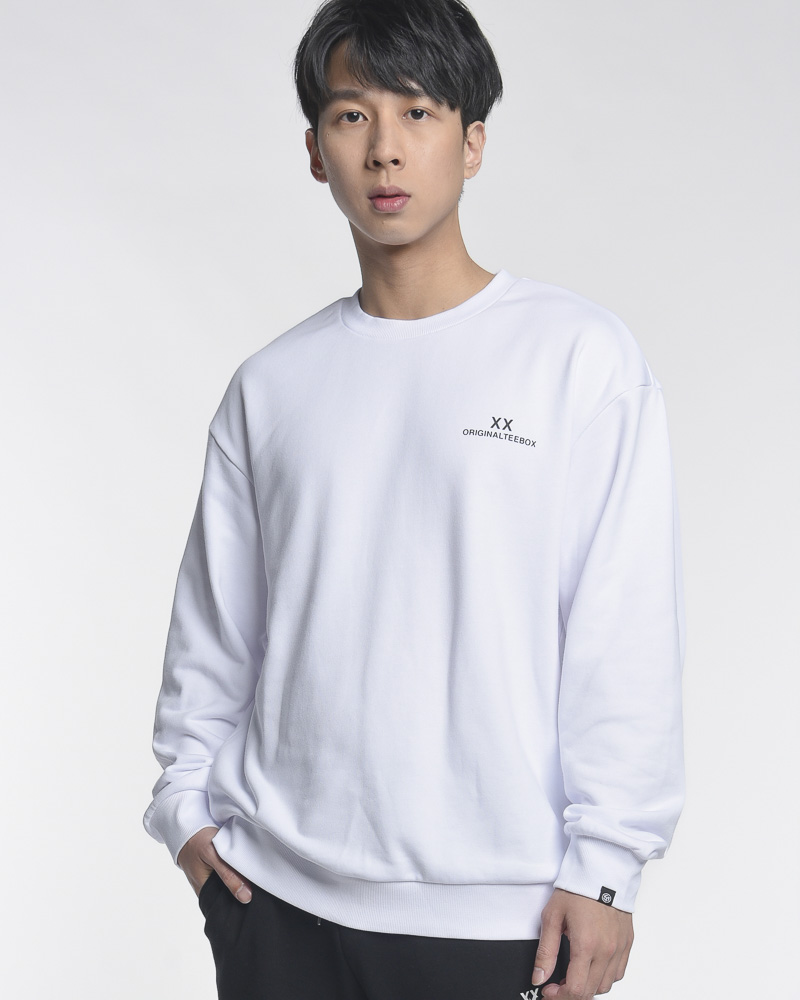 Yishion Men Oversized Solid Coloured Long Sleeve Sweatshirt with "ORIGINALTEEBOX" Logo (White)