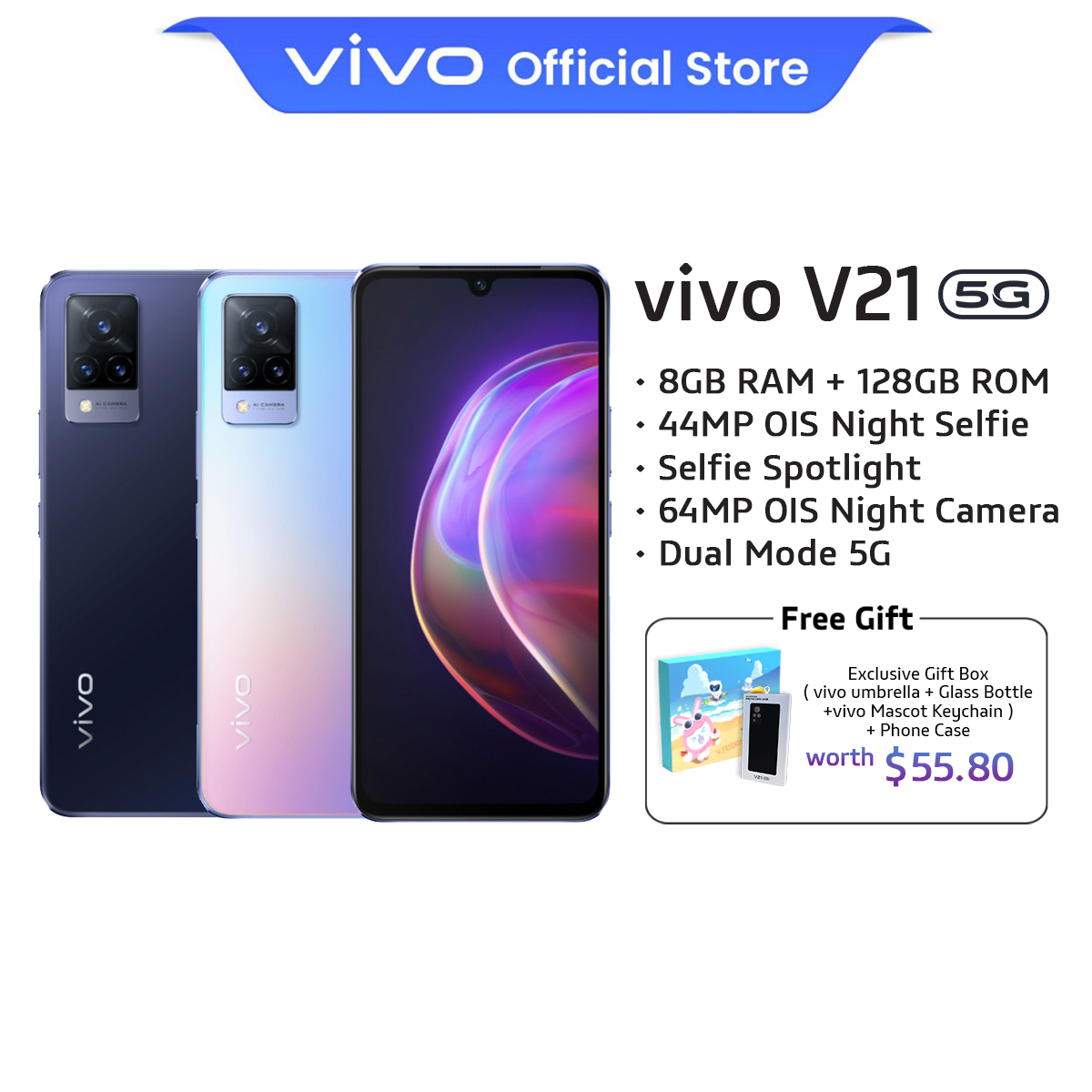 vivo V21 5G [8GB+3GB/128GB] 90hz Refresh Rate/44MP OIS Night Selfie/ 64MP OIS Night Triple Camera/ Dual Mode 5G【2 YEARS WARRANTY】