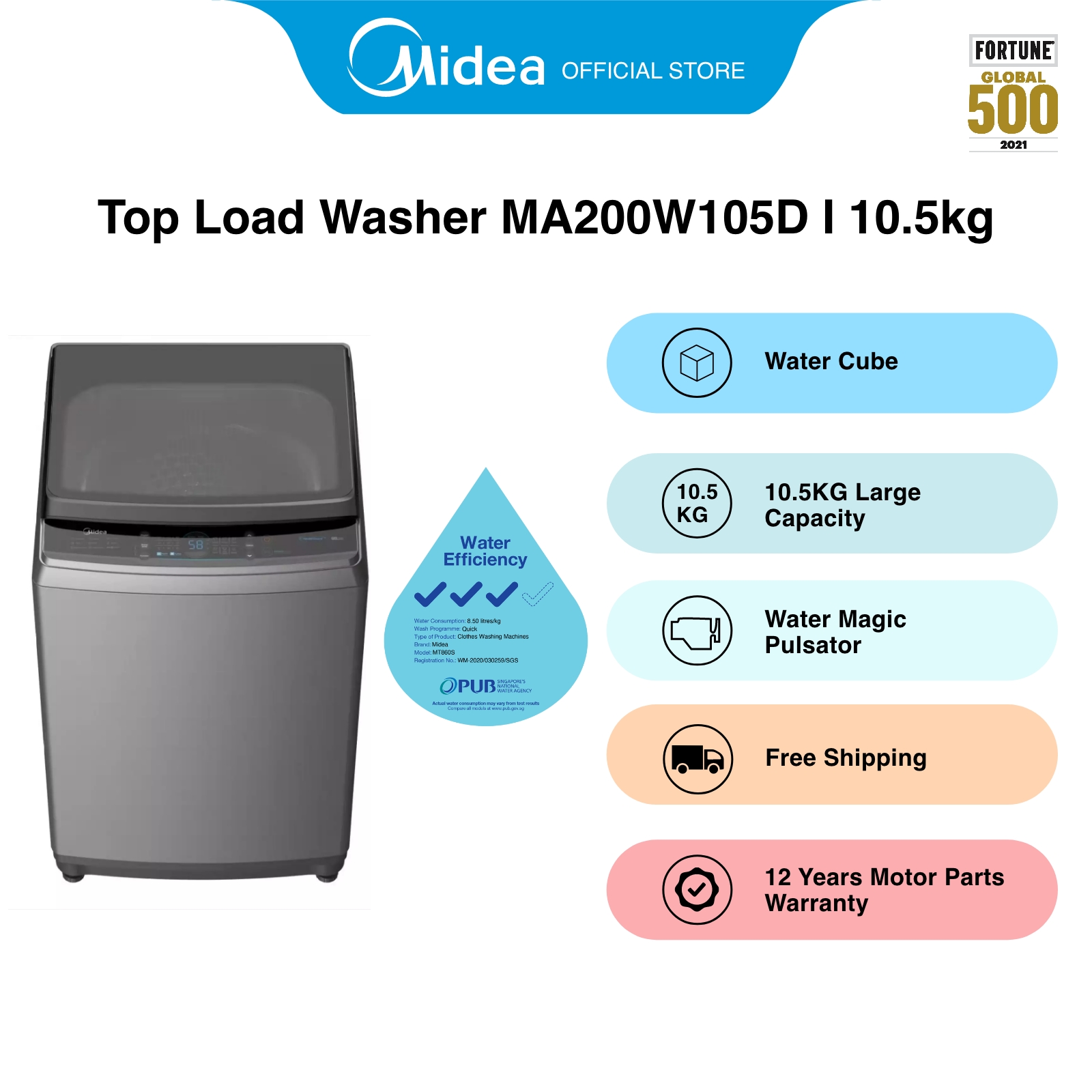 [Bulky] Midea MA200W105D Grey Top Load Washing Machine, 10.5kg, Water Efficiency 3 Ticks