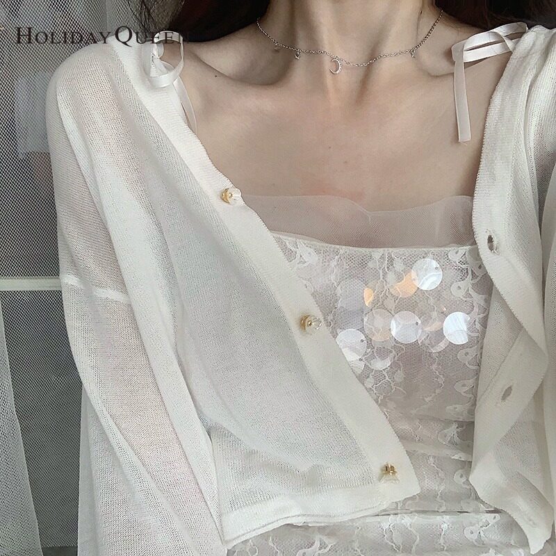 HolidayQueen Sunscreen Women's Summer Ice Silk Thin Section Super Fairy Short White Knitted Cardigan Jacket Shawl Free Shipping Women's clothingHQ1252